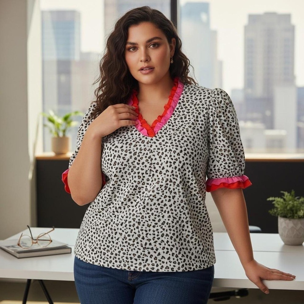 Leopard & Ruffle Colorblock Pink Red Blouse Large